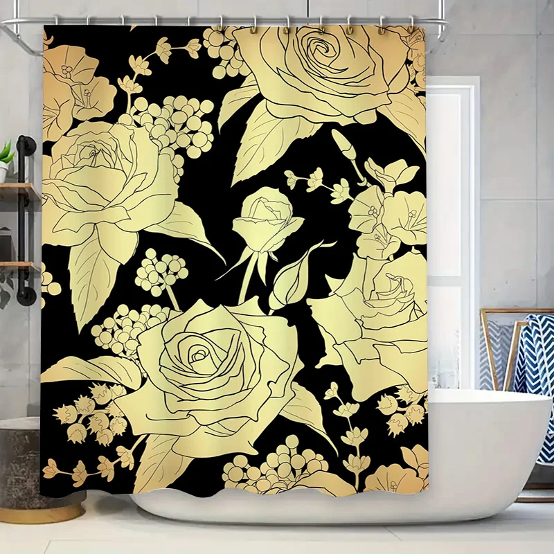 Home Improvement Background - Luxury Golden Floral Shower Curtain Black